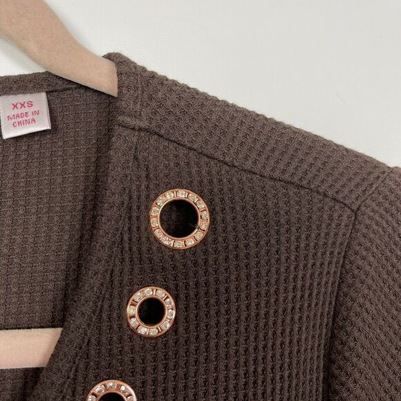 Quacker Factory V-Neck Tunic XXS Brown Long Sleeve Waffle KniT NWOT - Picture 3 of 5